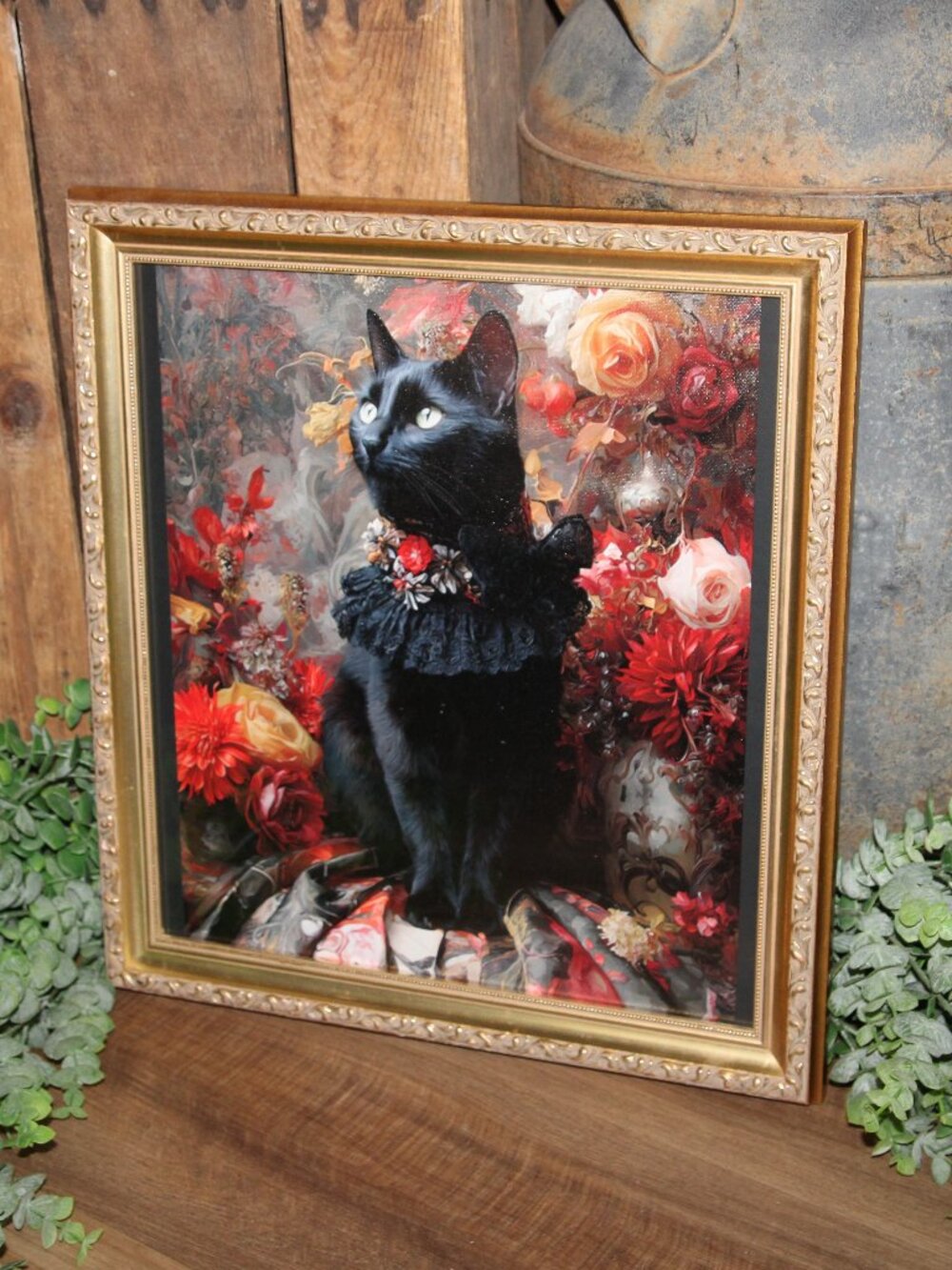 Dark Moody Gothic French Victorian Black Cat Floral Wall Decor Picture
